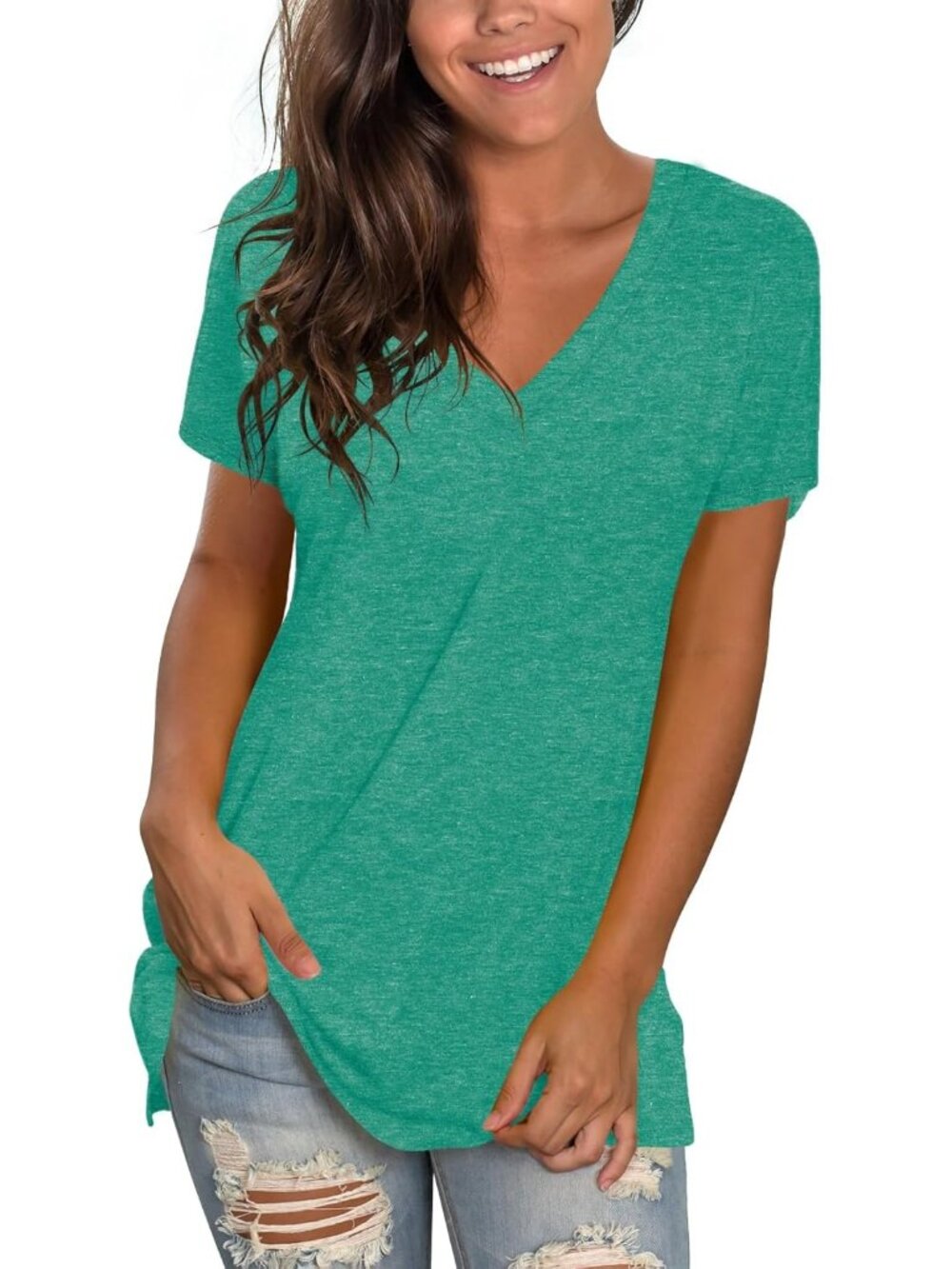 〽️Women Green2 Basic V Neck Tee Loose Fitting Casual Short Sleeve Tops T Shirt